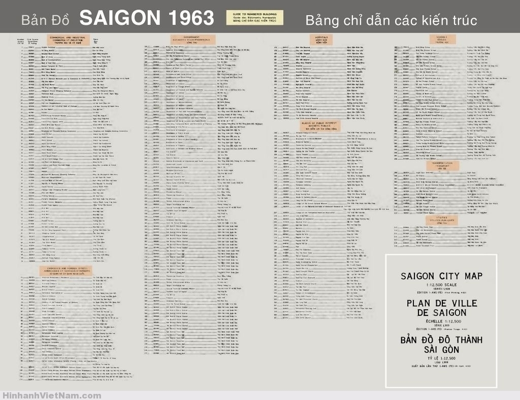 Bản Đồ SAIGON 1963 - Index to Numbered Buildings - Bảng chỉ dẫn các kiến trúc