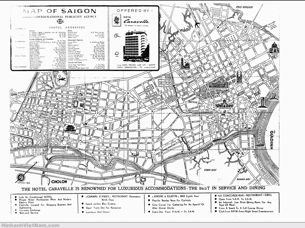 Map of Saigon in 1963, with useful addresses, offered by Hotel Caravelle