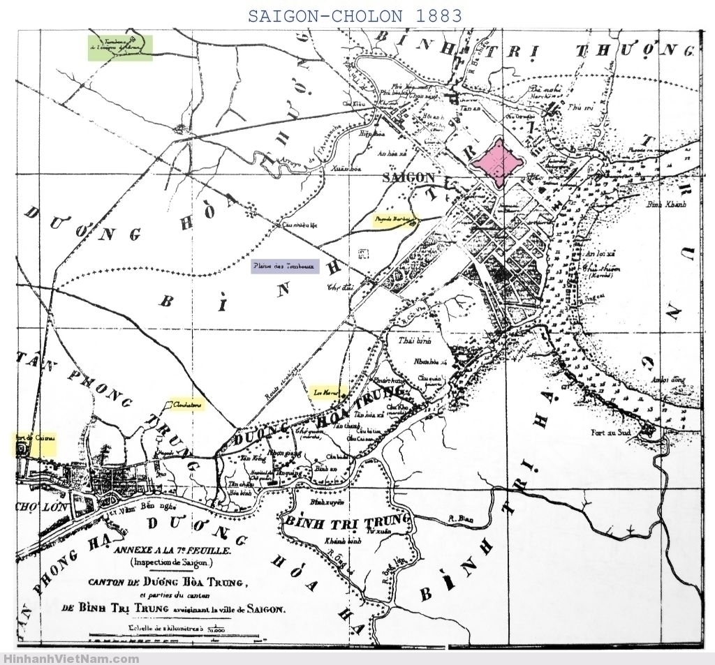 Bản đồ Saigon 1883 với “chiến tuyến các ngôi chùa” (lignes des pagodes) của Pháp năm 1861