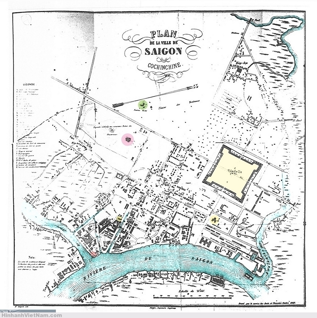 Bản đồ Saigon 1867, cùng khoảng thời gian với những bức hình của Emile Gsell (1866).. Plan de la ville de Saigon. Cochinchine 1867 Publisher: Imprimerie impériale. Dressée par le service des Ponts et Chaussées, octobre 1867 