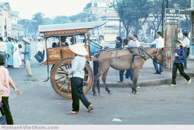 Bùng binh chợ Bến Thành năm 1966 do Darryl Henley chụp. Ở Sài Gòn – Gia Định thời ấy có nhiều bến xe ngựa chạy khắp các tuyến đường. Bến xe ngựa trước chợ Bến Thành luôn đông đúc và nhộn nhịp vì là trung vực trung tâm thành phố, xe vào bến phải xếp hàng, khi nào đủ 7-8 khách là xe lên đường theo tuyến về Đa Kao hay vào Chợ Lớn hoặc xuống Tân Thuận.